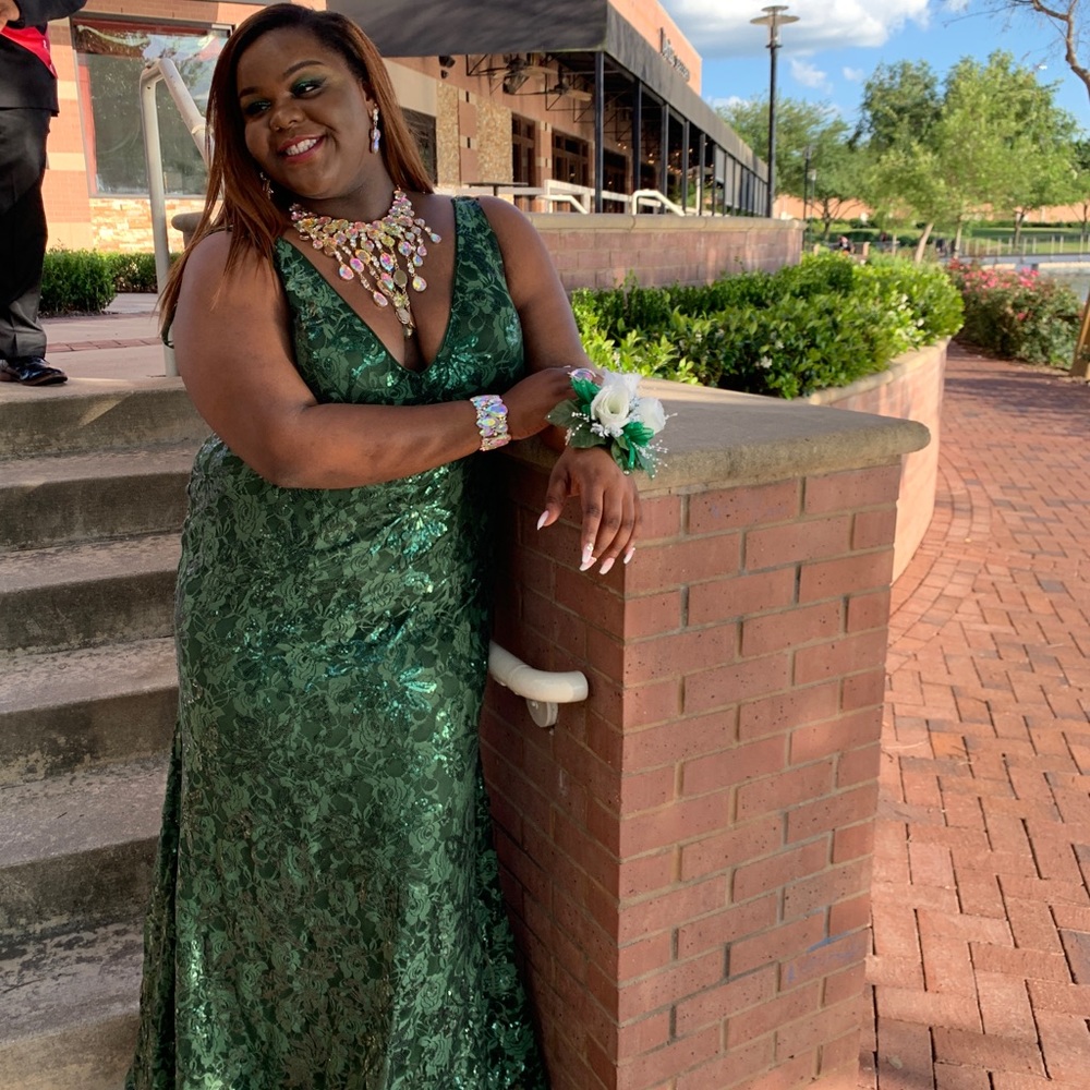 Forest green lace dress with sequence and train